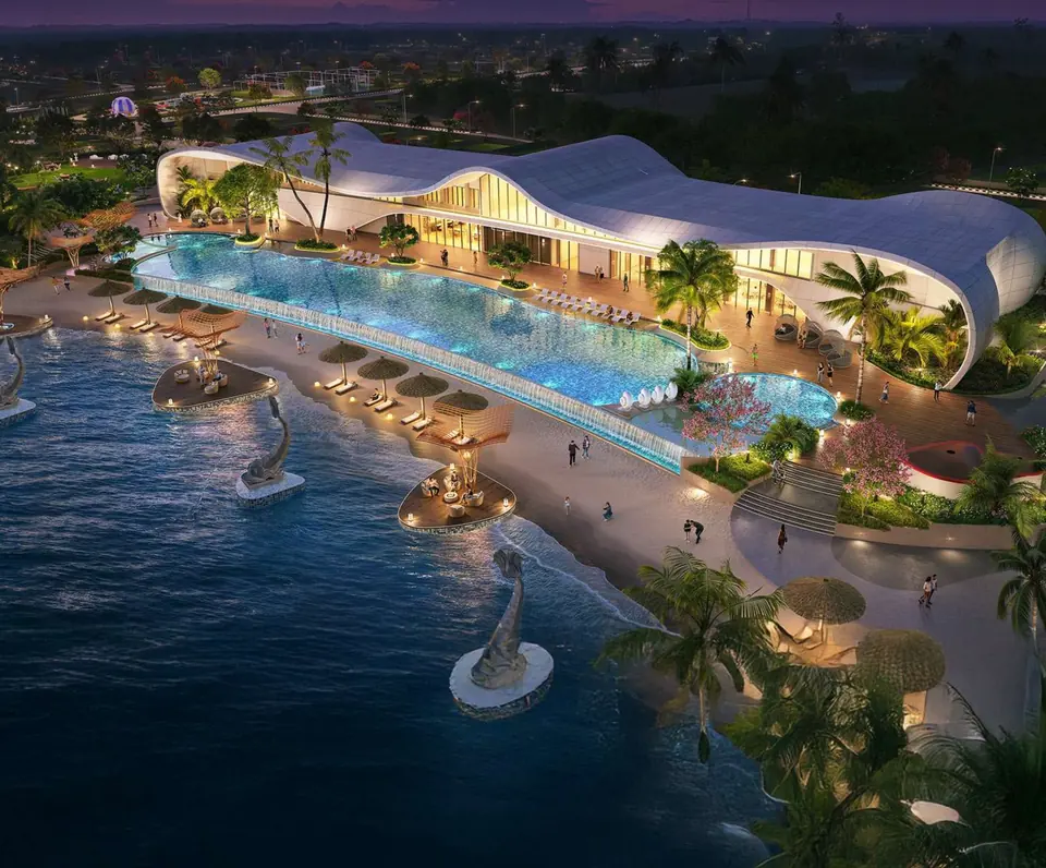 Artist’s impression of the Nagpur Marina clubhouse, pool and lagoon at night
